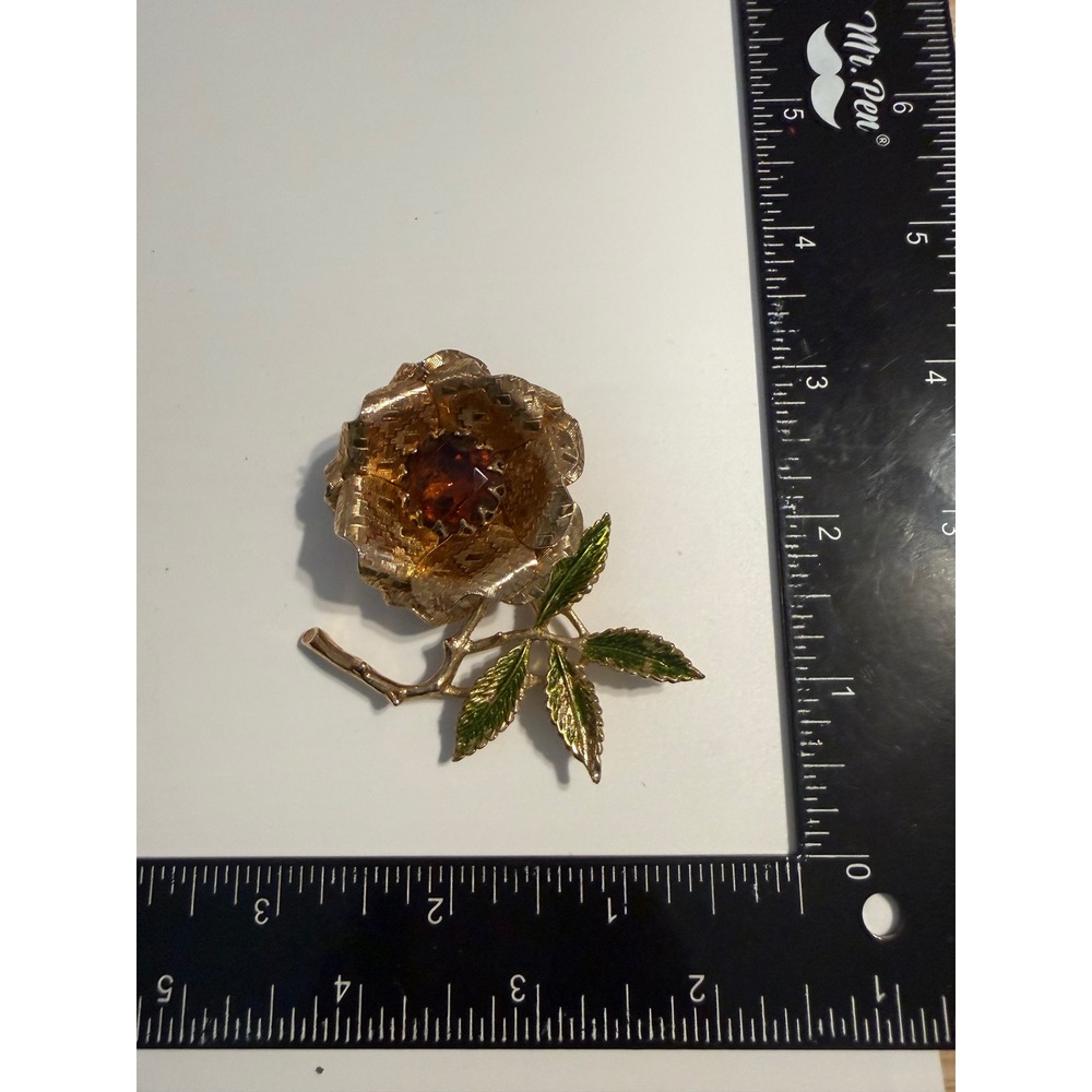 Vintage‎ Sarah Coventry Amber Glo Flower Brooch Gold Tone Green Enamel Rose Pin